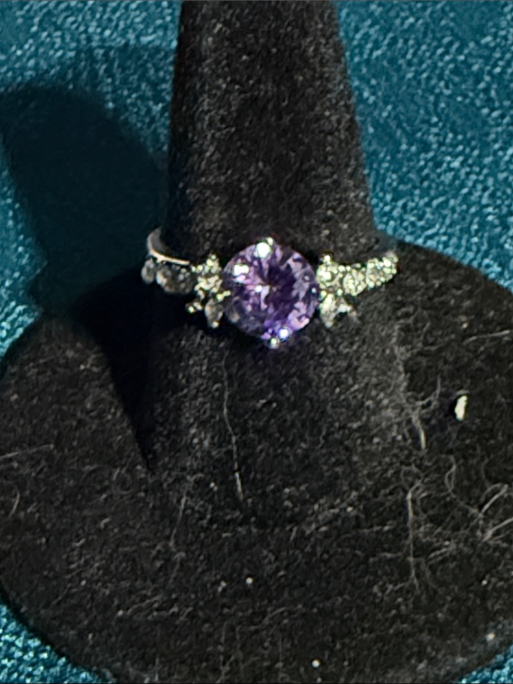 Silver Purple Stone Floral Accent Ring